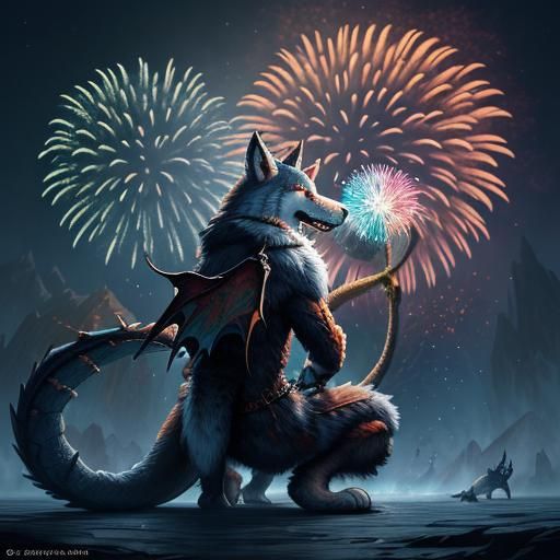 Dragon-Husky Hybrid Celebrates with Fireworks