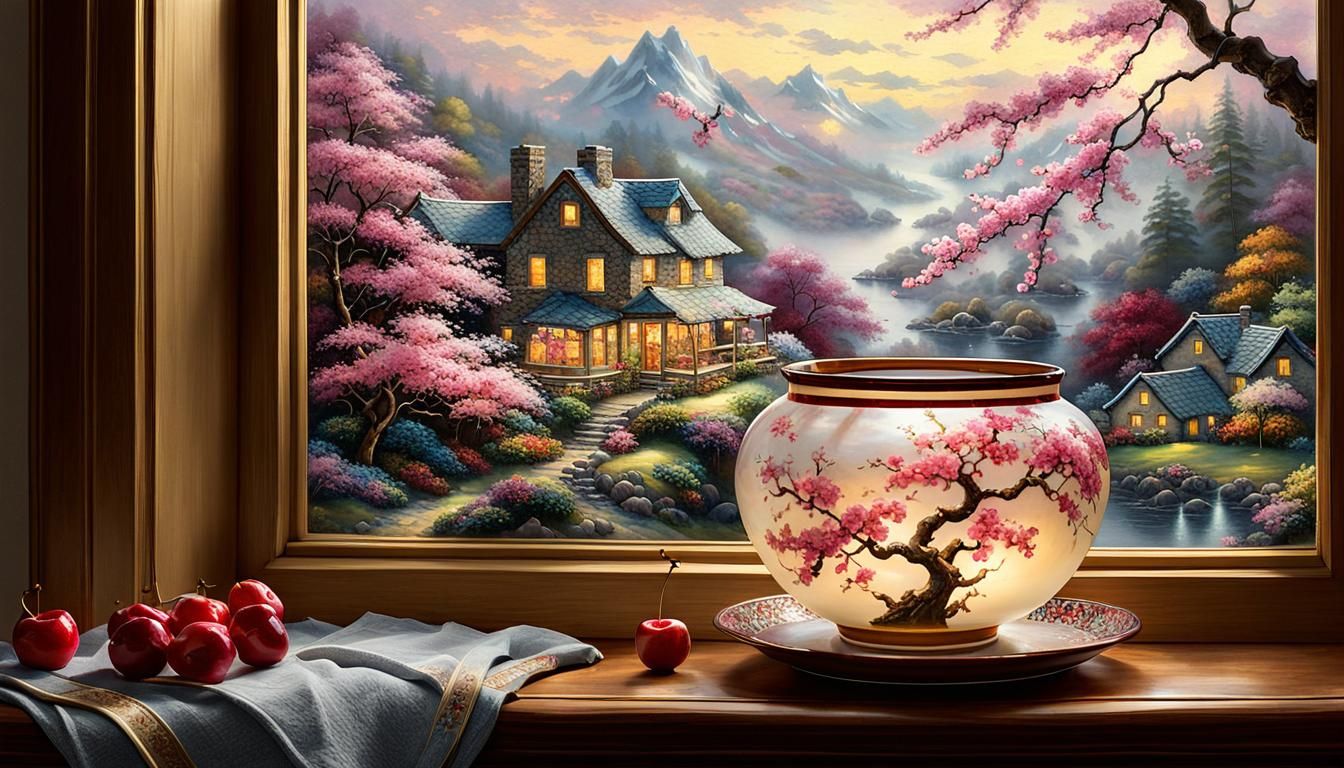 Cherry Blossoms and Fruit in Watercolor Style