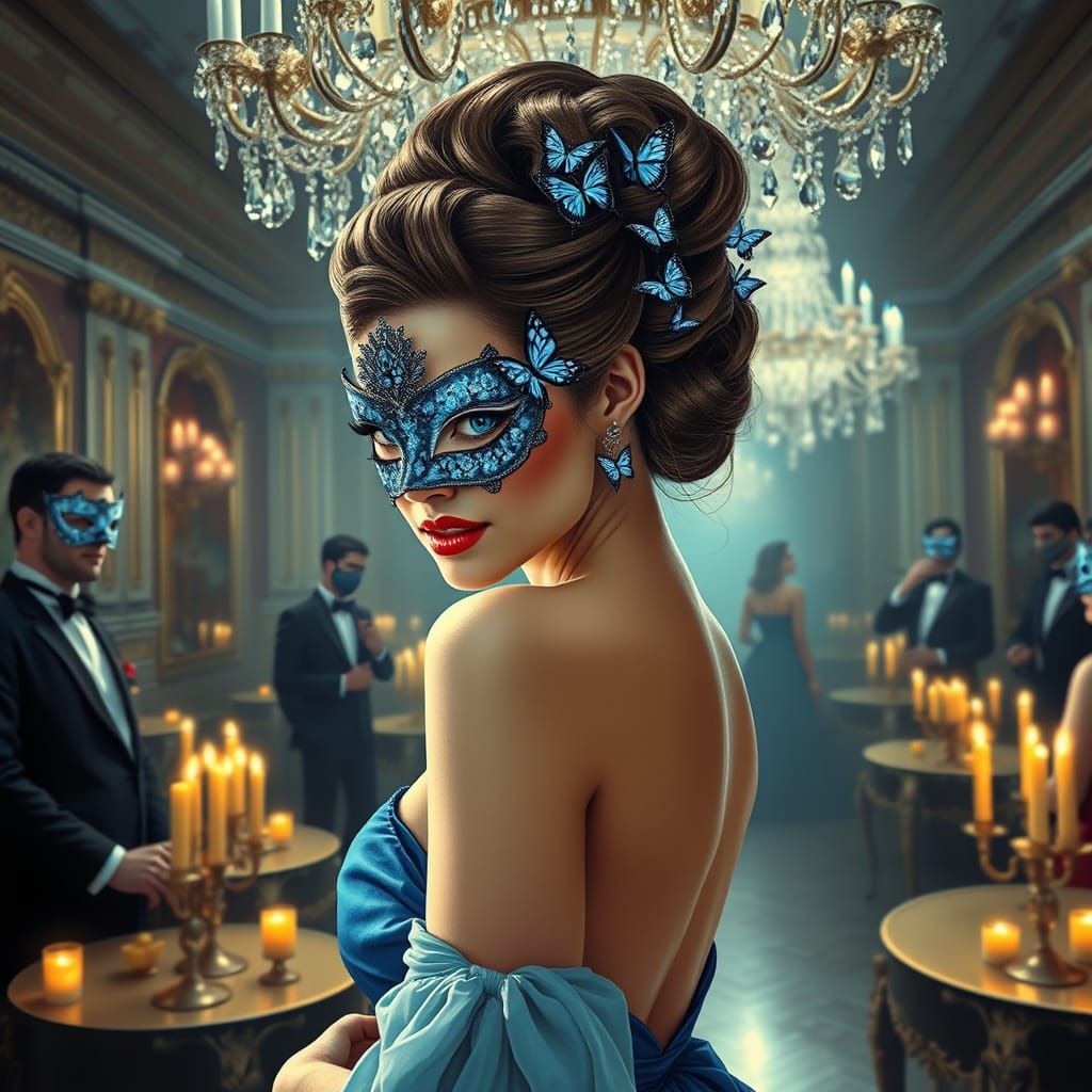 Victorian Era Woman in Blue Diamond Mask Attends Enchanted M...