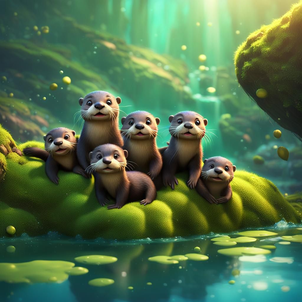 Playful Otter Family in Sparkling Water: 3D Digital Art