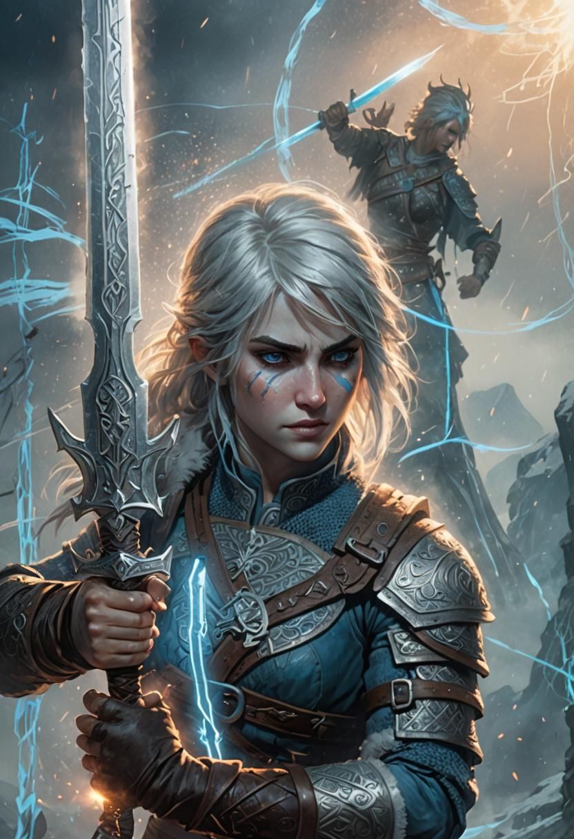 Cirilla in Heroic Pose Amidst Swirling Mist