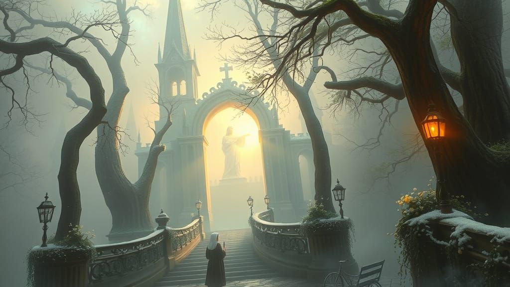 Ethereal Nun in Fearful, Hyperdetailed Fantasy