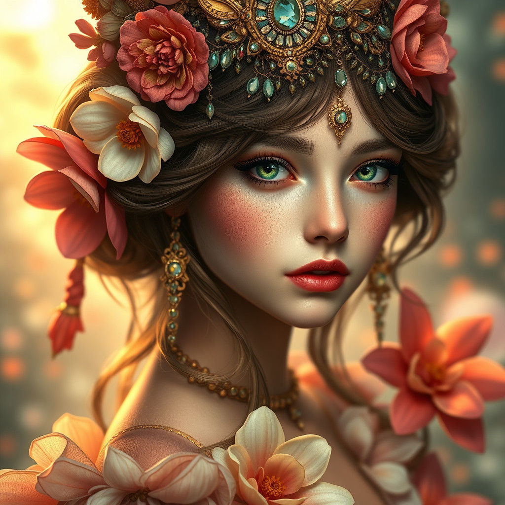 Enchanting Flower Girl Portrait in Art Nouveau Style