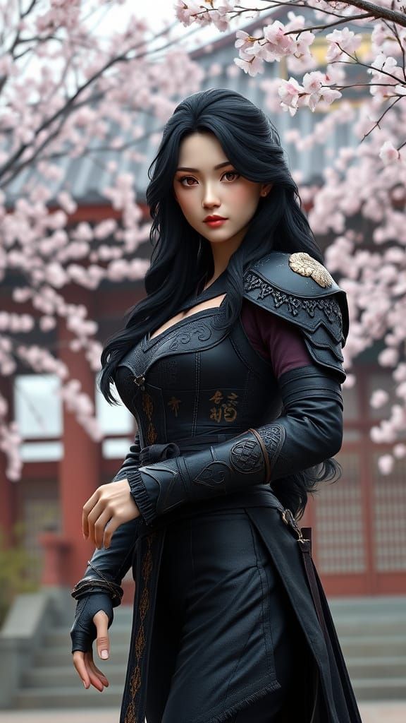 Serene Warrior Maiden Under Cherry Blossoms