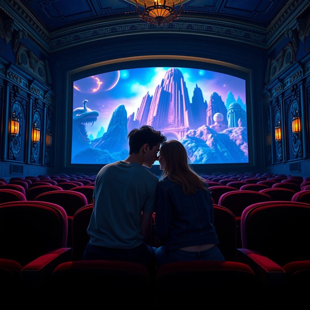 Romantic Cinema Moment in Retro-Futuristic Style