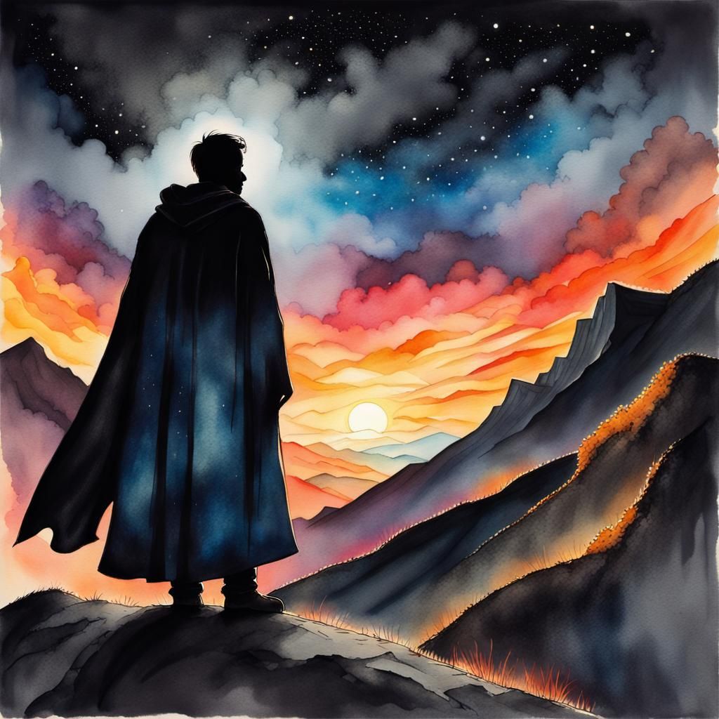 Silhouette on Mountain in Watercolor and Charcoal Style