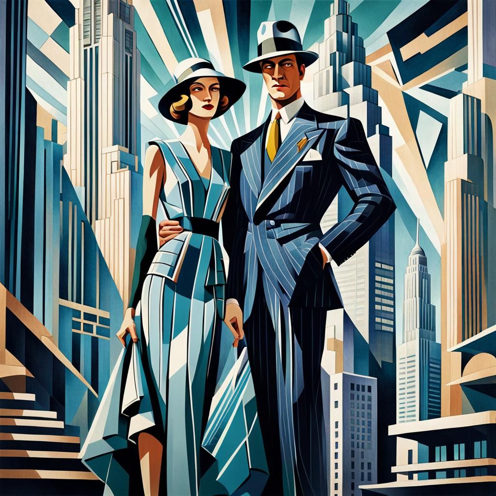 Art Deco Couple in Geometric Fauvism Style