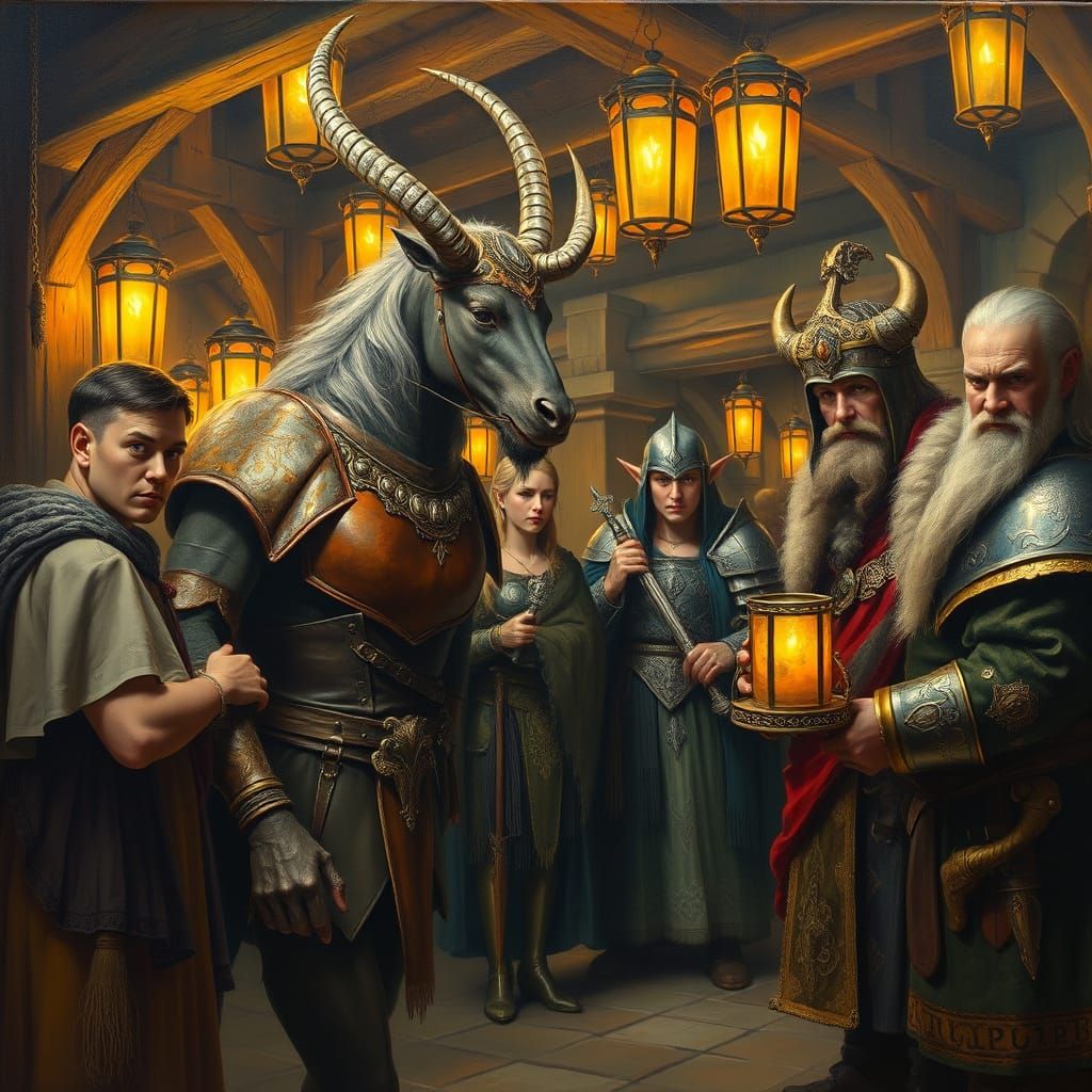 Fantasy Tavern Gathering: Centaur, Elves, Dwarves in Old Mas...