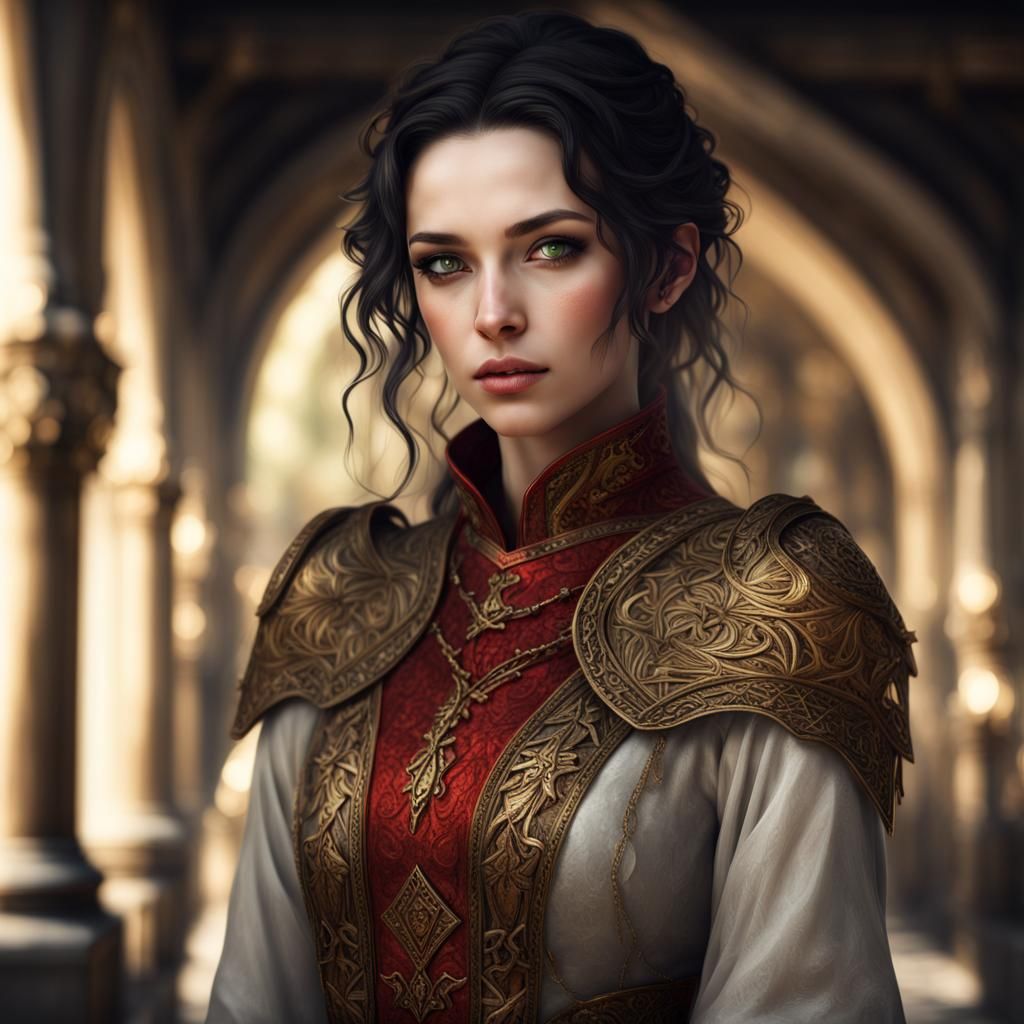 Beautiful Young Female Cleric in Red and Gold
