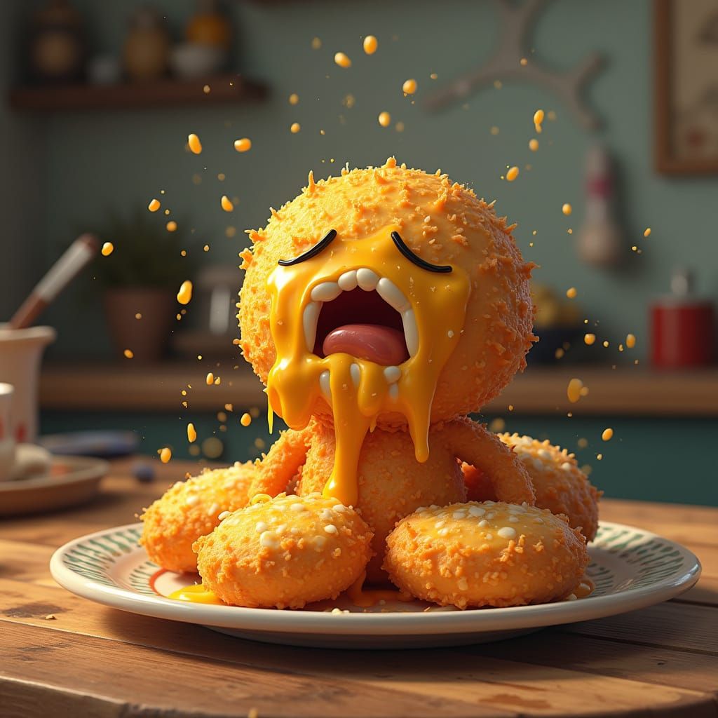 Cheesy Cottage Kitchen Scene in Vibrant Graffiti Style