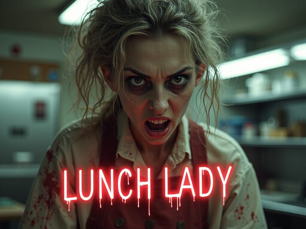 Menacing Lunch Lady Horror Poster in Neon-Lit Style