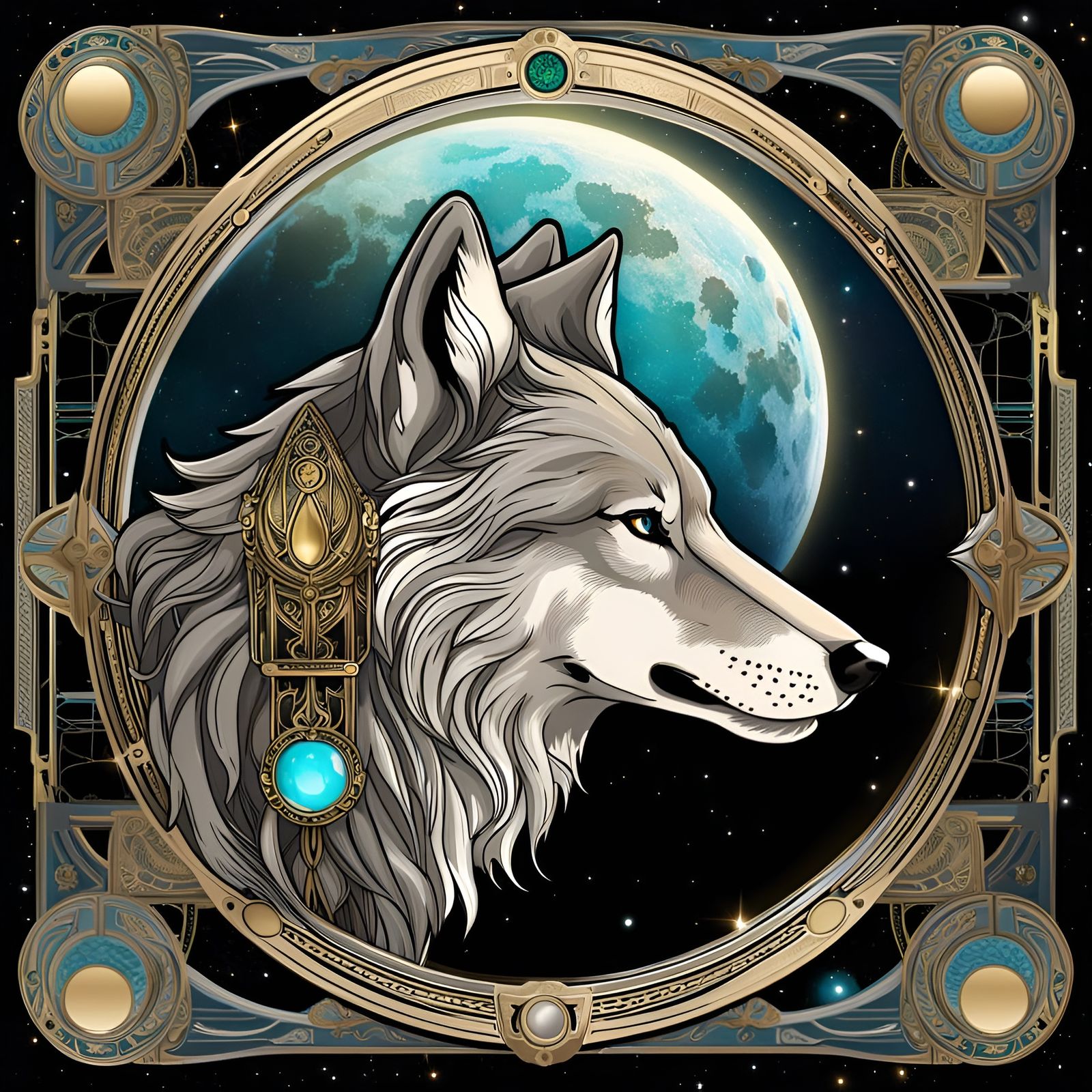 Cyberpunk Wolf Tarot Card in Art Nouveau Style