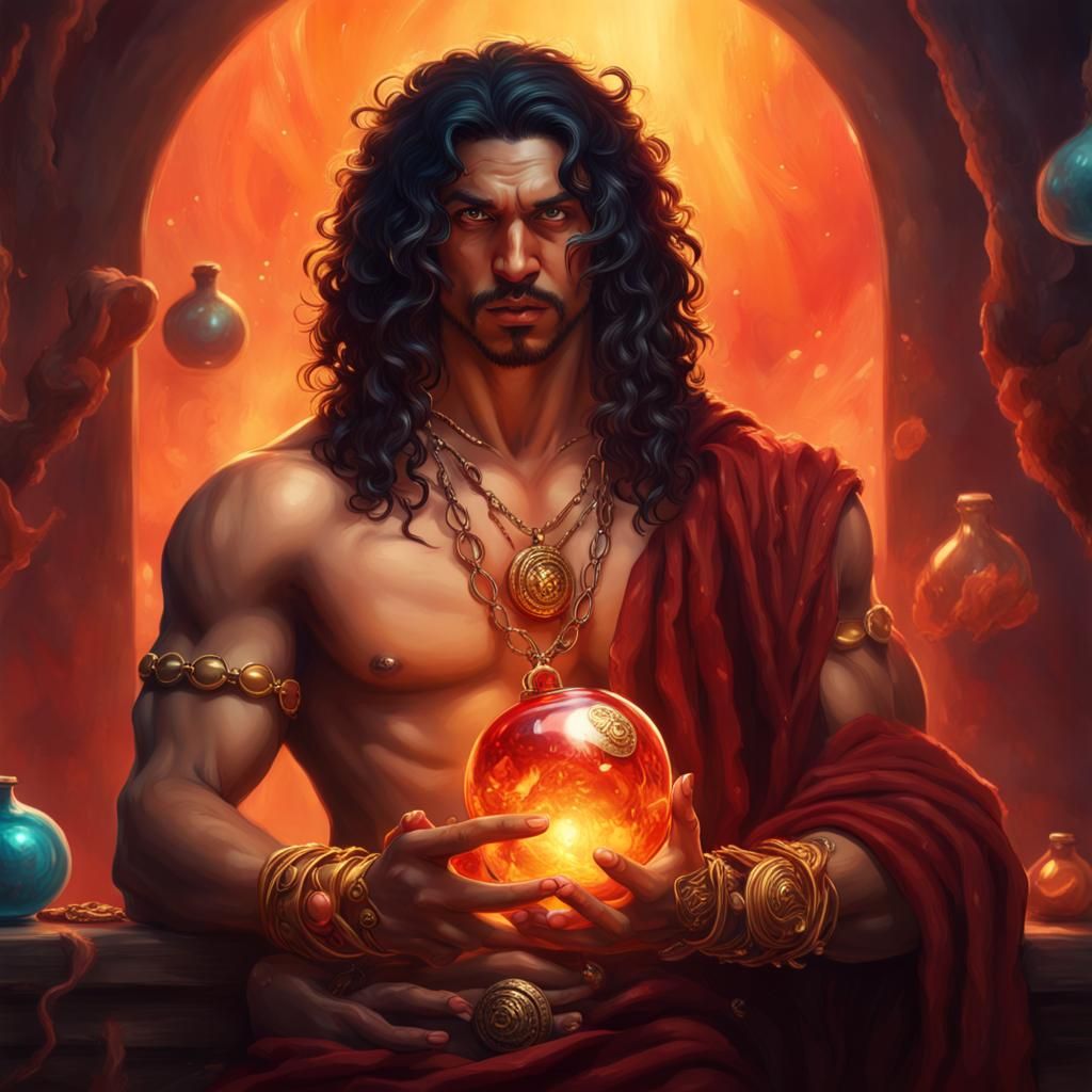 Romani Druid with Glowing Potion, Hyperrealistic Splash Art