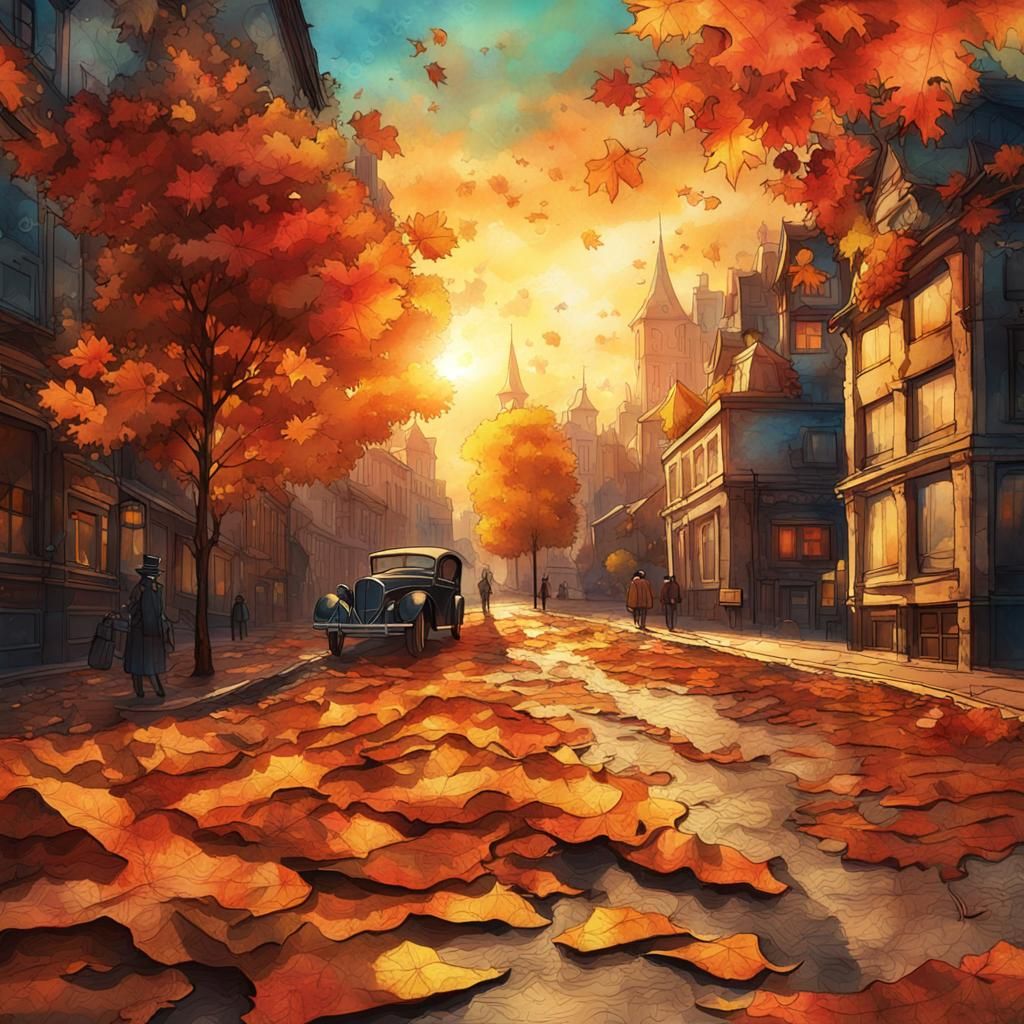 Autumn Leaves at Sunset in Steampunk Ink Art