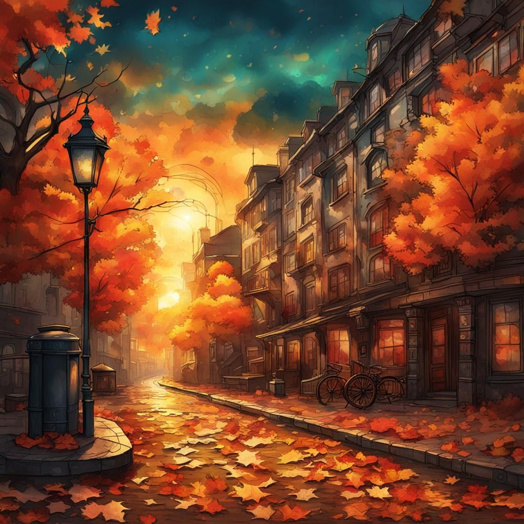 Autumn Sunset in Steampunk Ink Painting Style