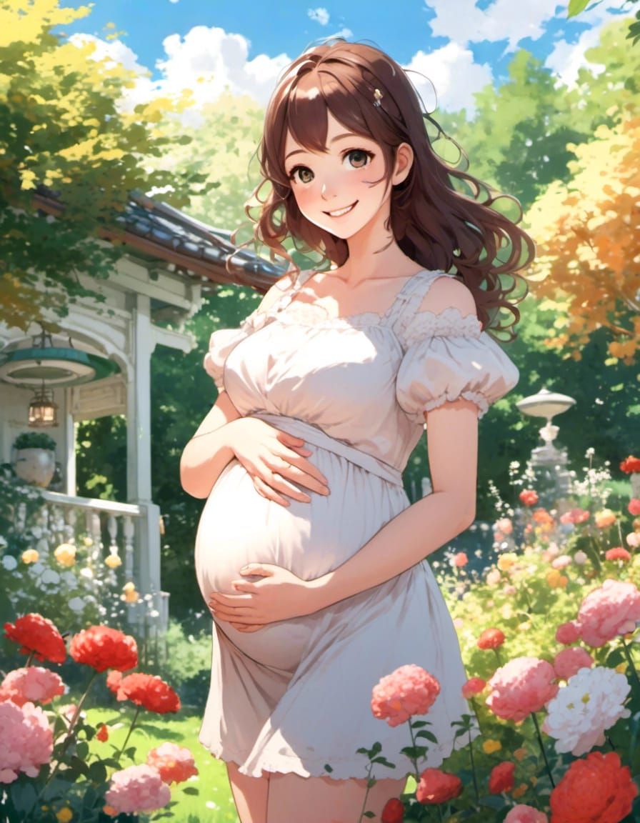 Joyful Pregnant Woman in Anime Key Visual Style