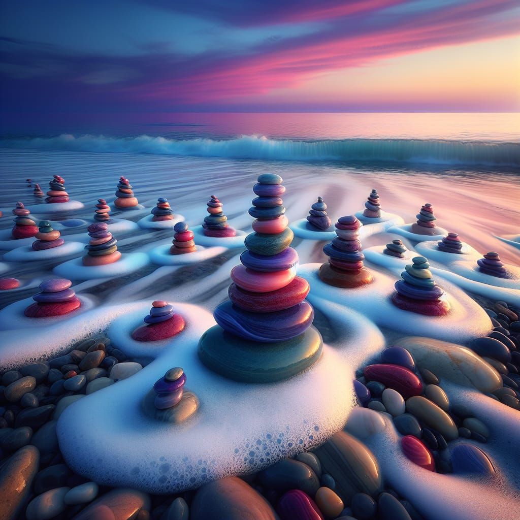 Balanced Pebbles at Dusk Seaside Serenity