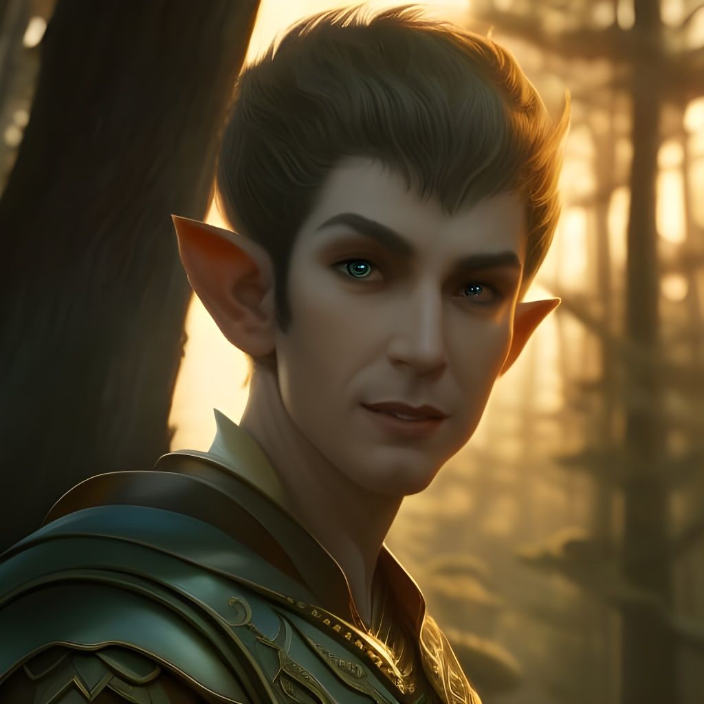 Handsome Smiling Elf with Sword in Forest, Detailed Art