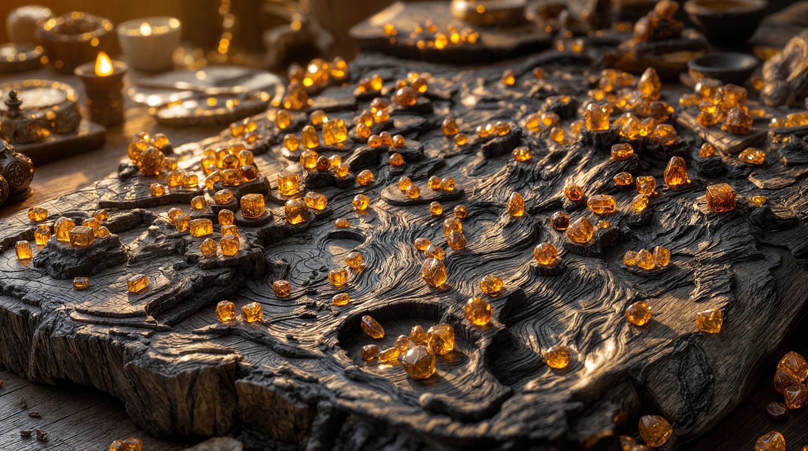 Ancient Amber Game Board Illuminated by Olive Oil Lamp