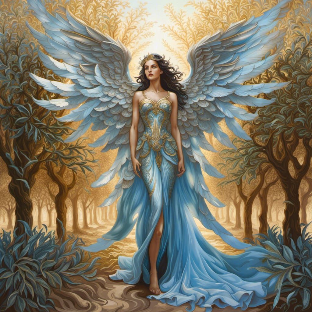 A winged angel in the middle of a magnificent olive grove