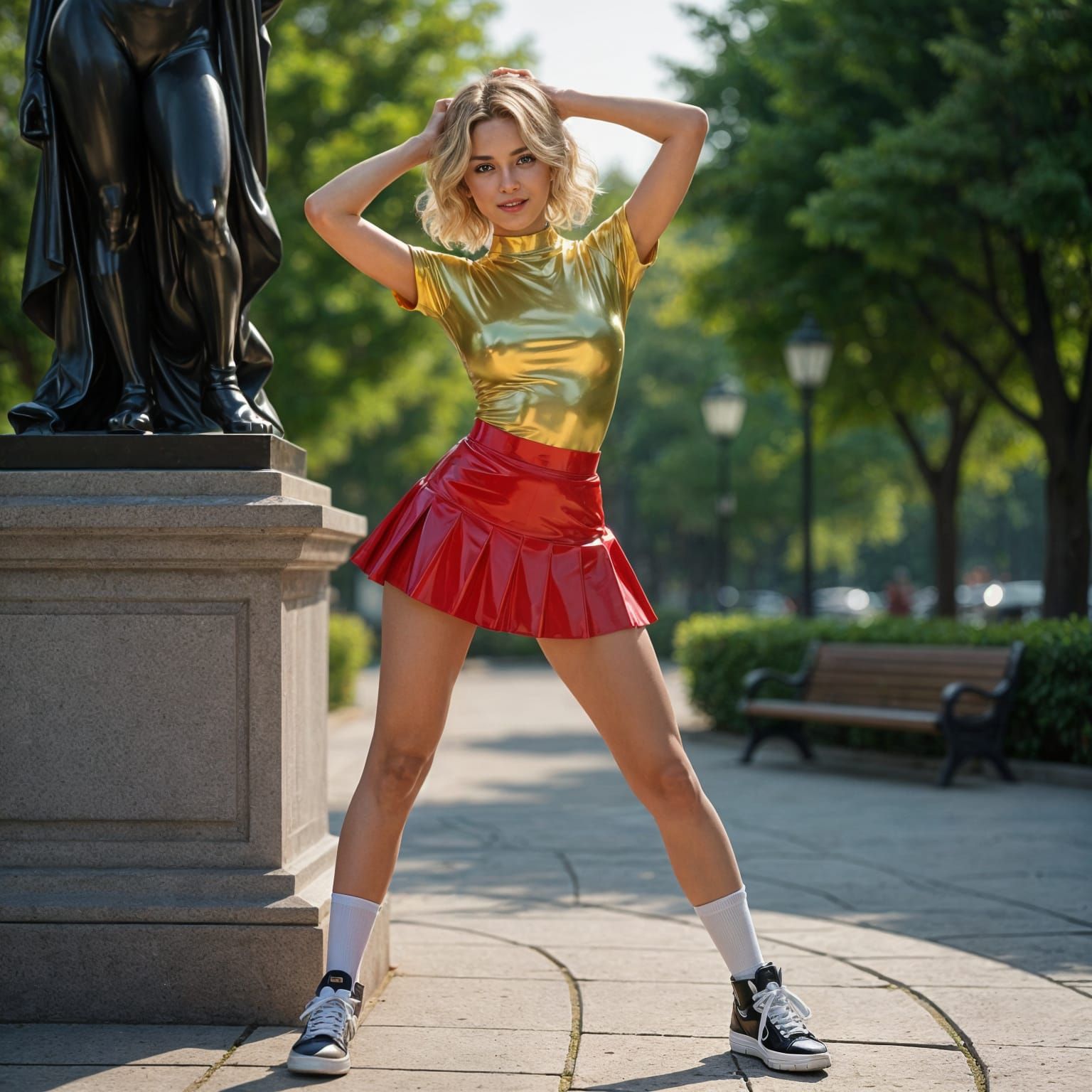 Blonde in Latex Posing in Park: 3D Anime Art