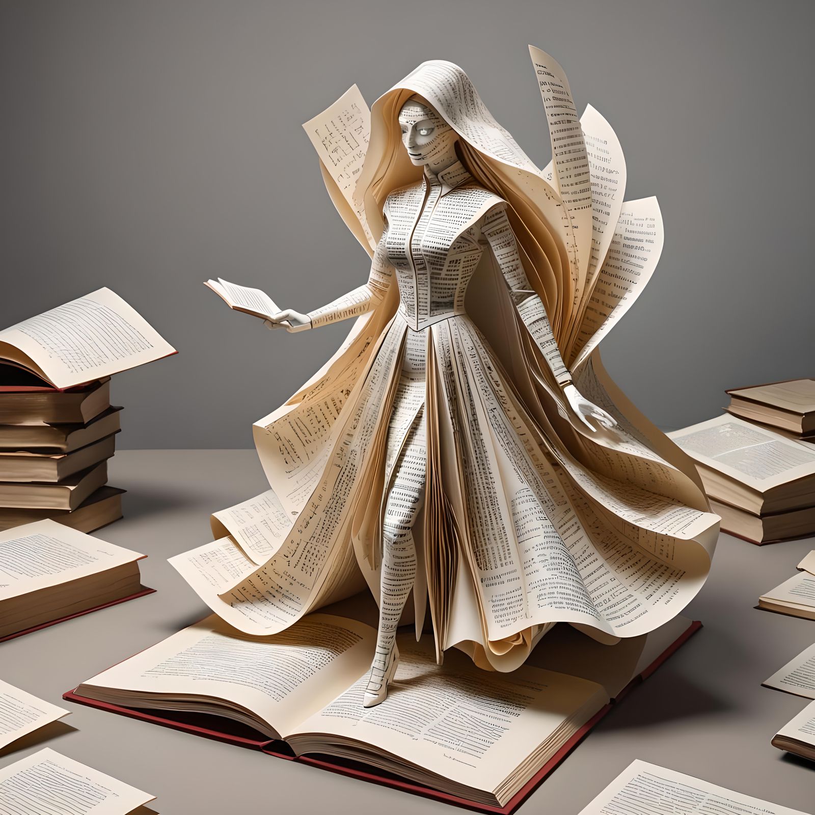 Create a detailed 3D rendering of a paper woman emerging from an open book.