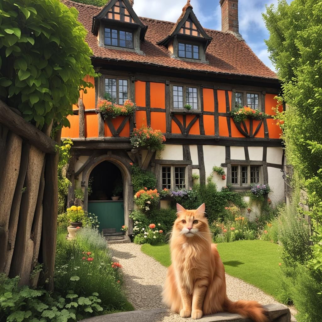 Medieval House with Garden and Orange Cat