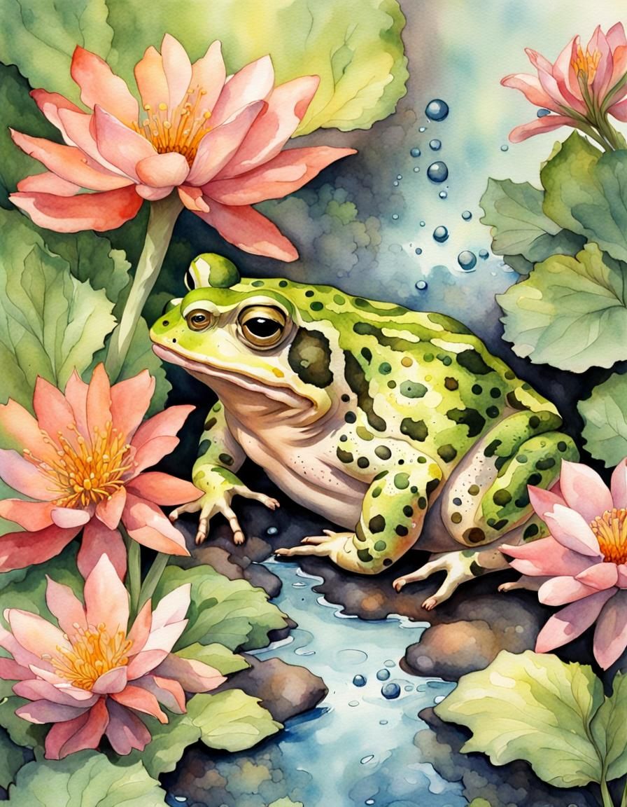 Hyperrealistic Watercolor Toad in Floral Stream