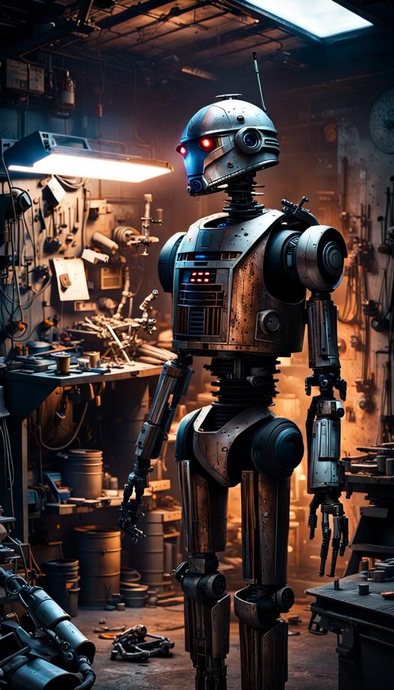 IG-88 Droid and Mechanic in Sci-Fi Garage