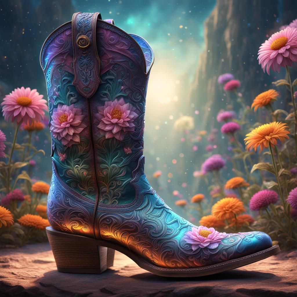 Dreamy Tattooed Cowboy Boot with Mystical Flowers