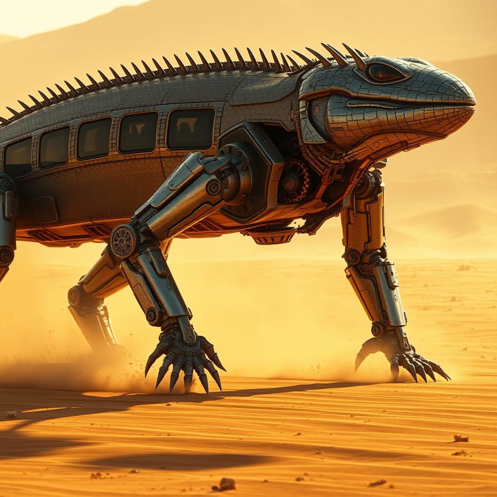 Metallic Lizard Vehicle in Sunlit Desert