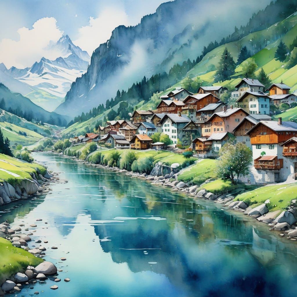 Swiss Alps Village Watercolor Painting