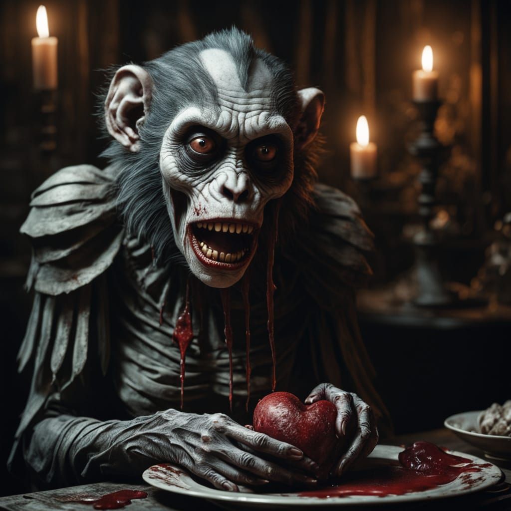 Grotesque Monkey-Clown Hybrid Devours Human Heart in Dark, G...