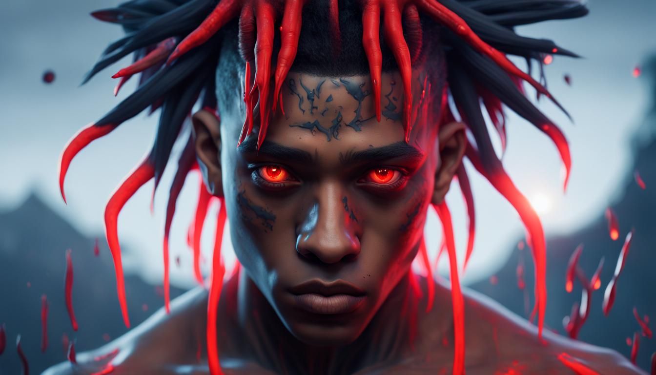 Surreal Portrait with Slime Hair and Red Eyes