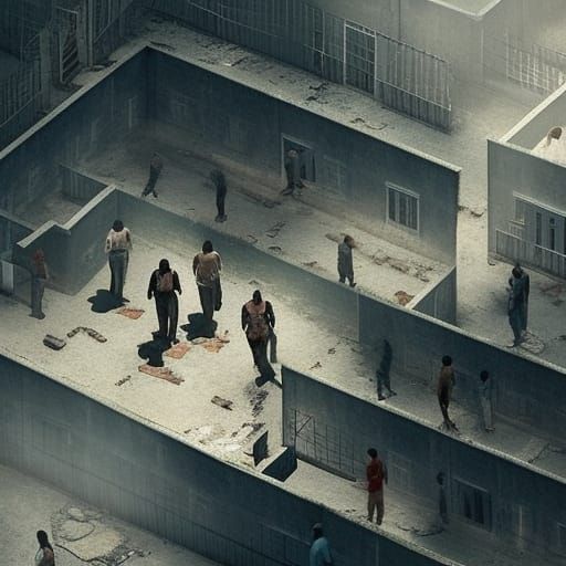 Claustrophobic Prison Yard Scene as Digital Matte Painting
