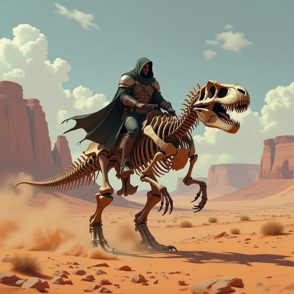 Necromancer Rides T-Rex Skeleton Across Desert