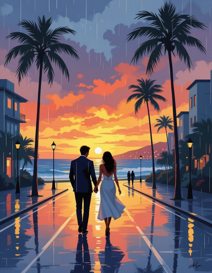 Romantic Couple's Rainy City Walk Oil Painting Style