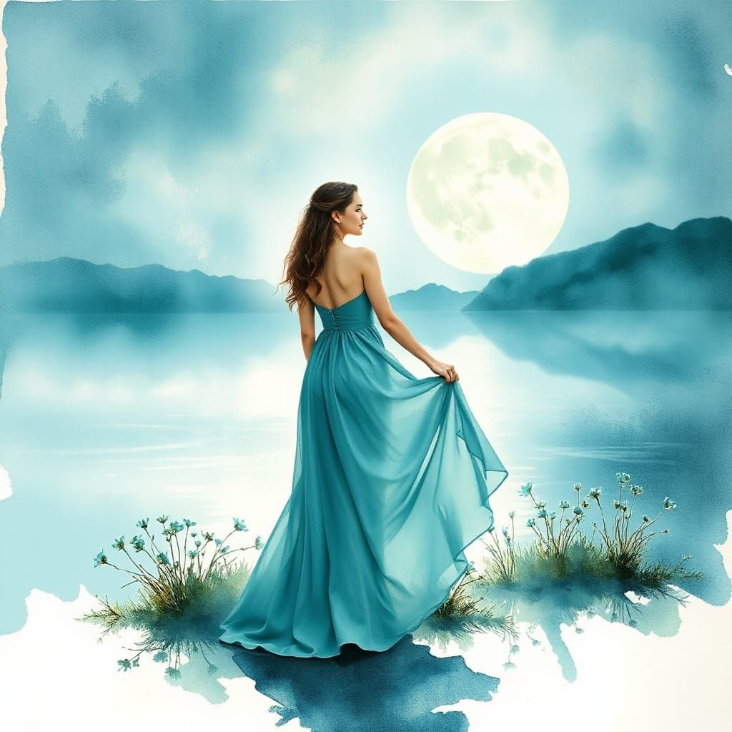 Moonlit Woman in Turquoise Dress: Watercolor Painting
