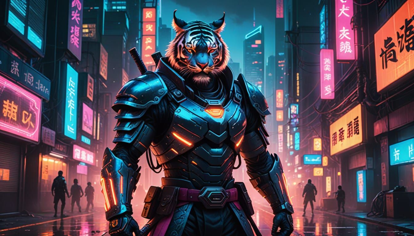Cyberpunk Samurai Tiger Warrior in Neon-Lit Cityscape