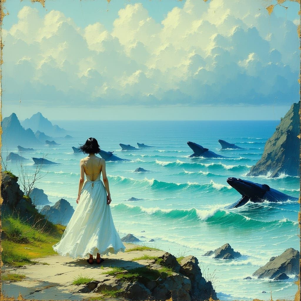 Woman Observes Whales in Romantic Style