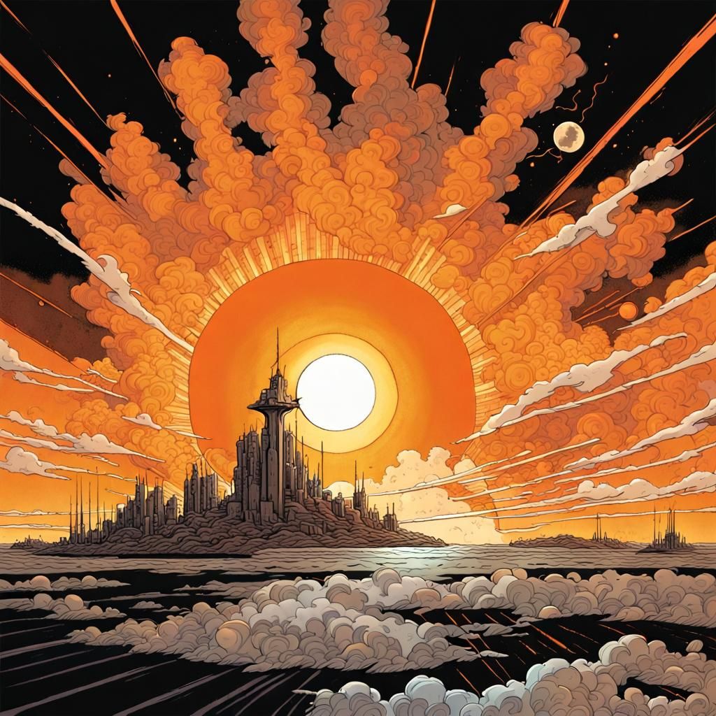 Retrofuturistic Floating Island with Clock in Sky