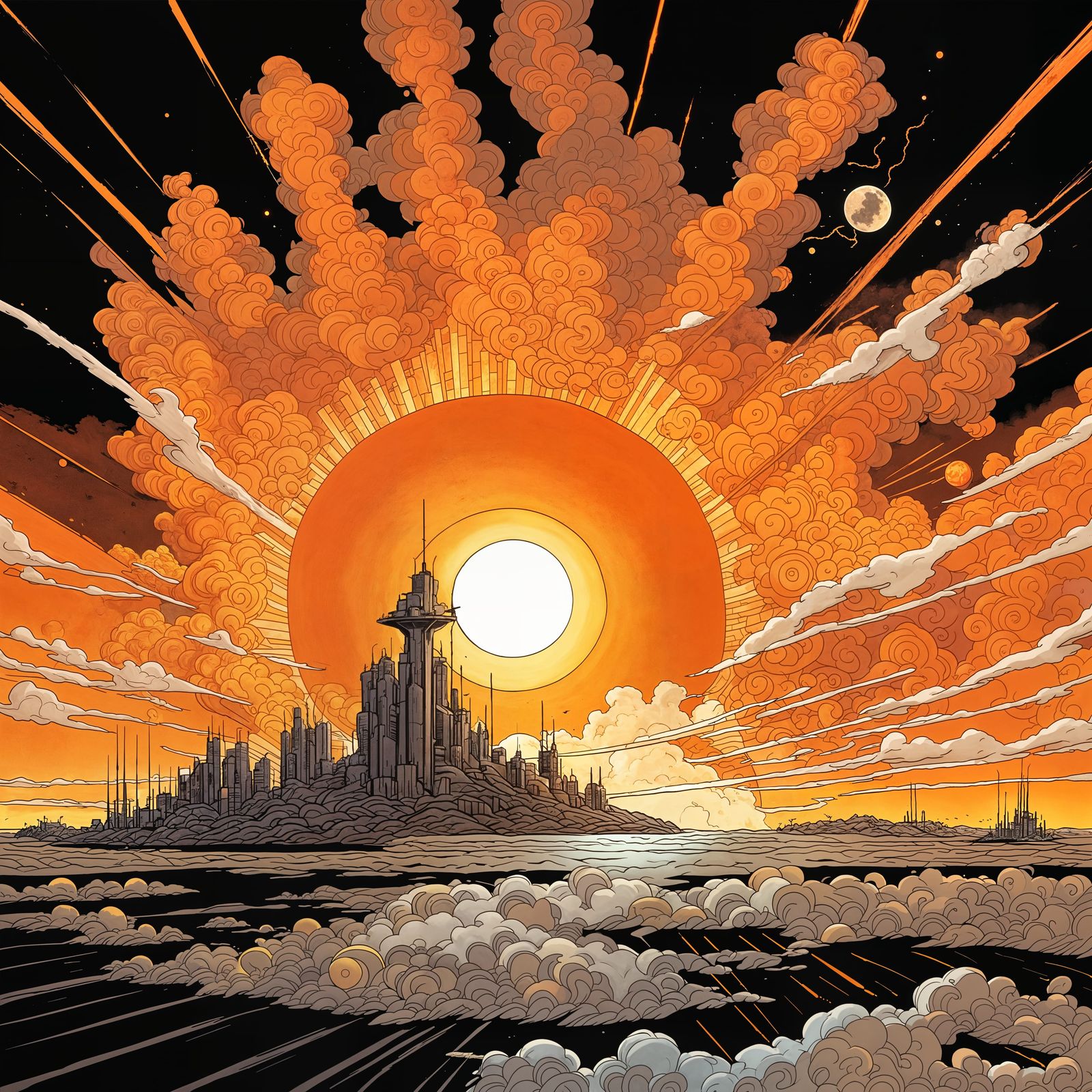 Retrofuturistic Floating Island with Clock in Sky