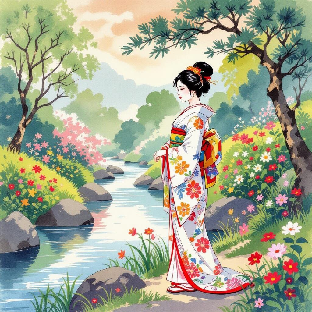 Woman by Stream in Traditional Ukiyo-e Style