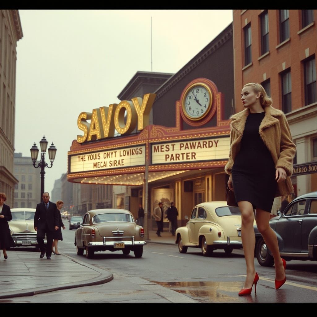 Hyperrealistic City Street Scene with Woman in Vintage Style