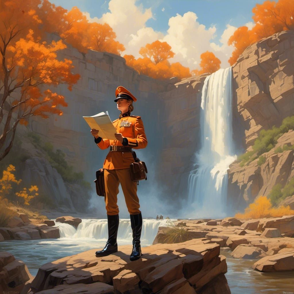 Cartoon Coyote General Inspects Waterfall Sunset