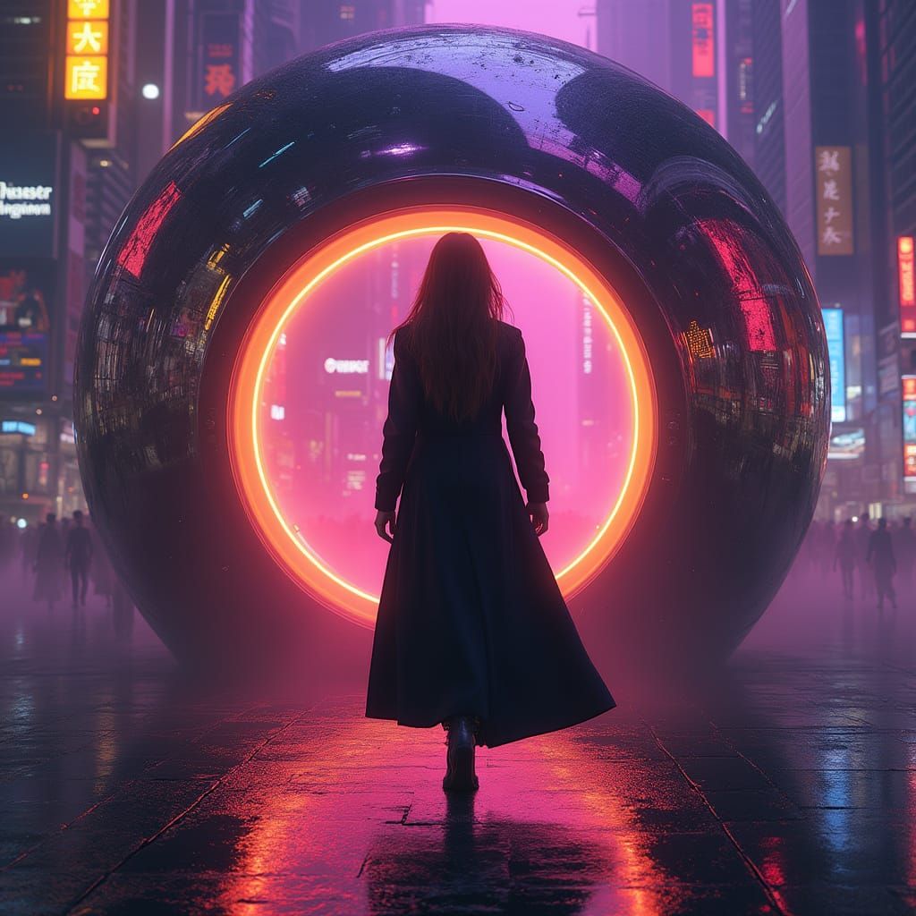 Mysterious Woman Emerges from Chrome Sphere in Cyberpunk Cit...