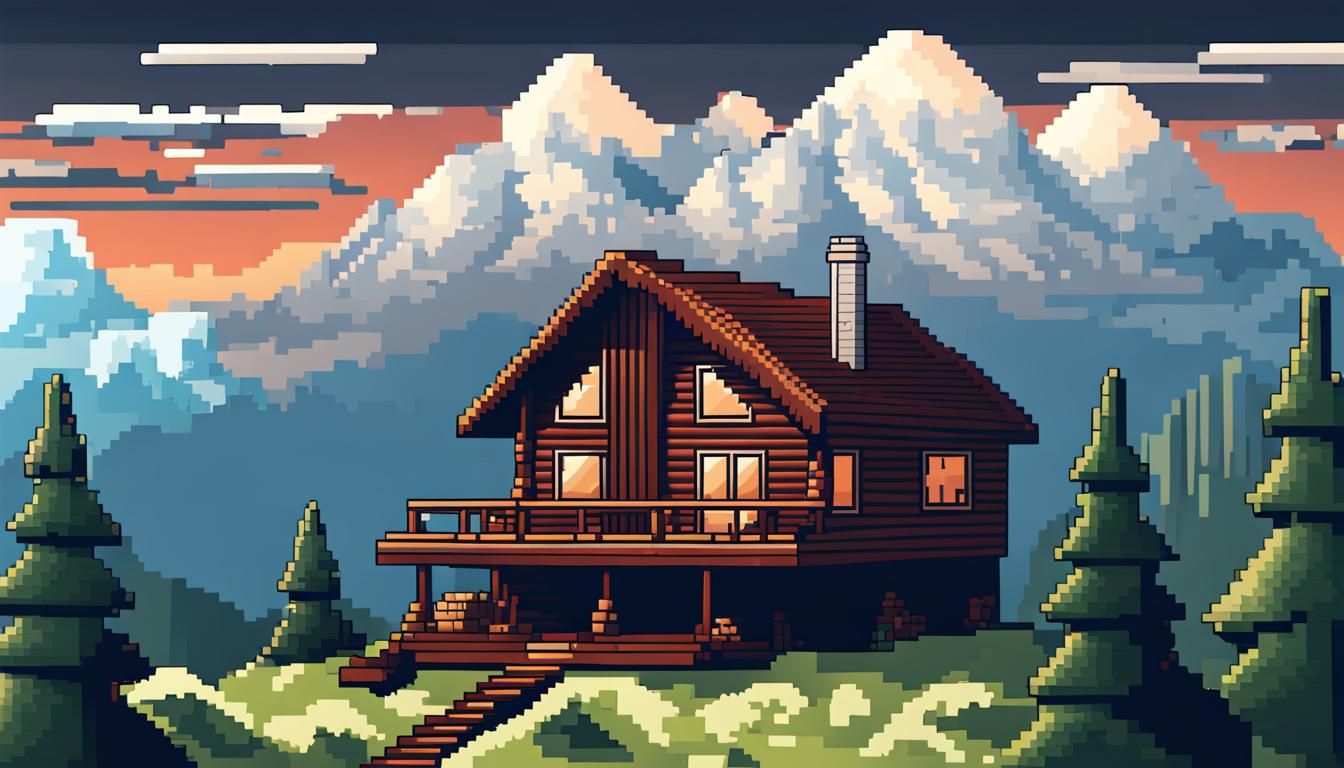 Cozy Cabin on Mountain Top in Pixel Art Style