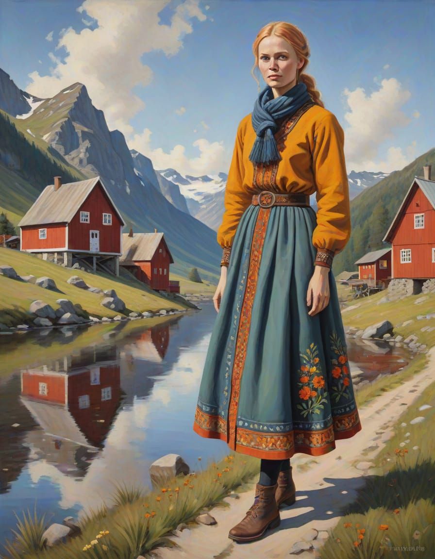 Nordic Woman in Modern Folk Art Style