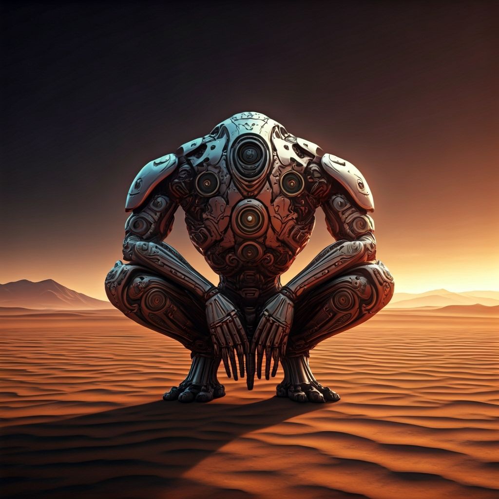 Futuristic Alien Awaiting Transport in Vast Desert