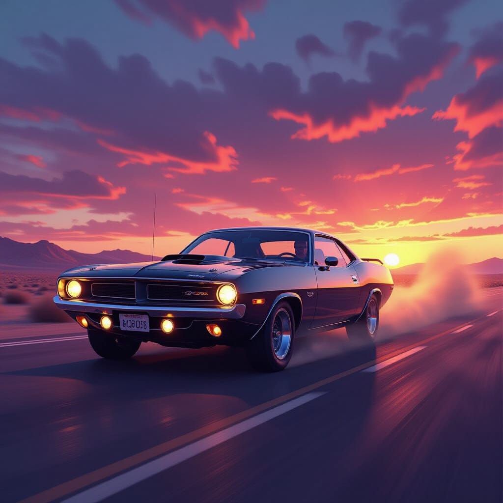 1970 Plymouth Barracuda Speeds Through Desert Sunset